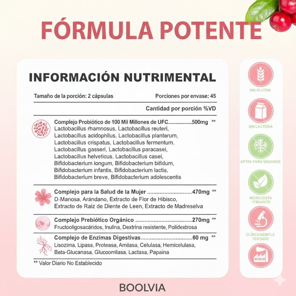 Boolvia Probióticos Mujer – Equilibrio Íntimo y Flora Vaginal (90 Cápsulas)